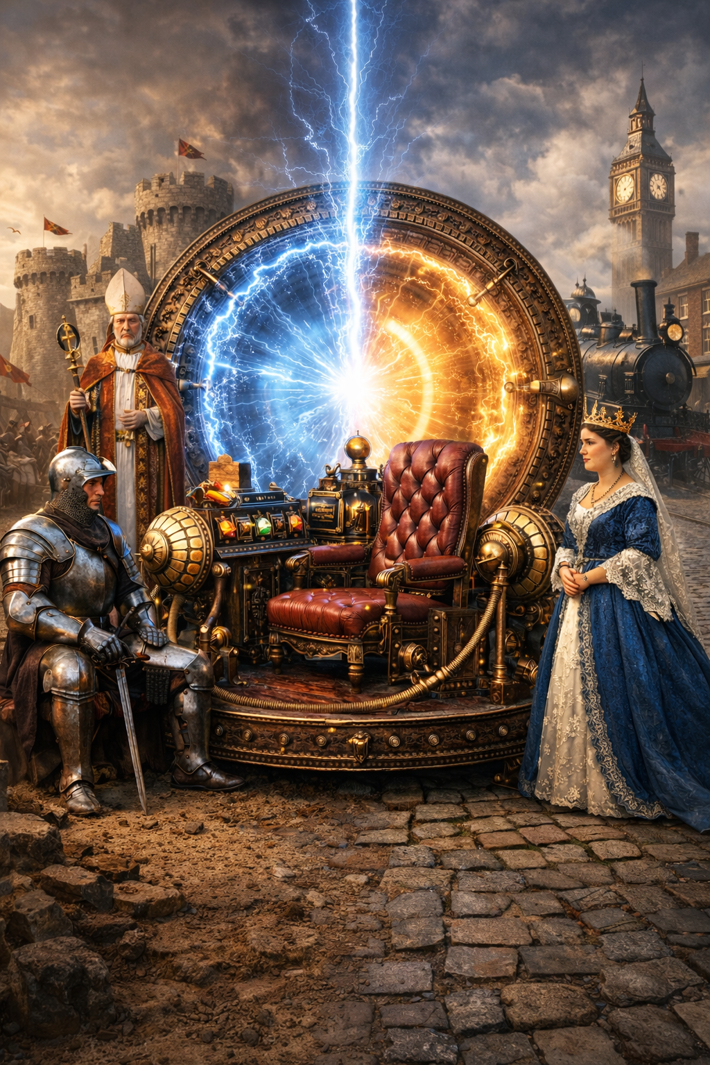 A knight, bishop and queen from different eras gathered around a glowing time machine